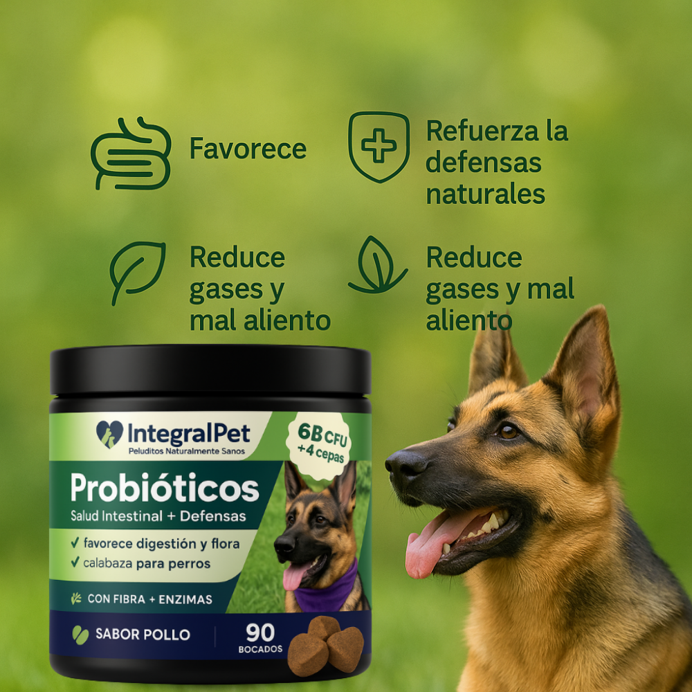 IntegralPet Probióticos – Heces firmes, menos gases y defensas fuertes.