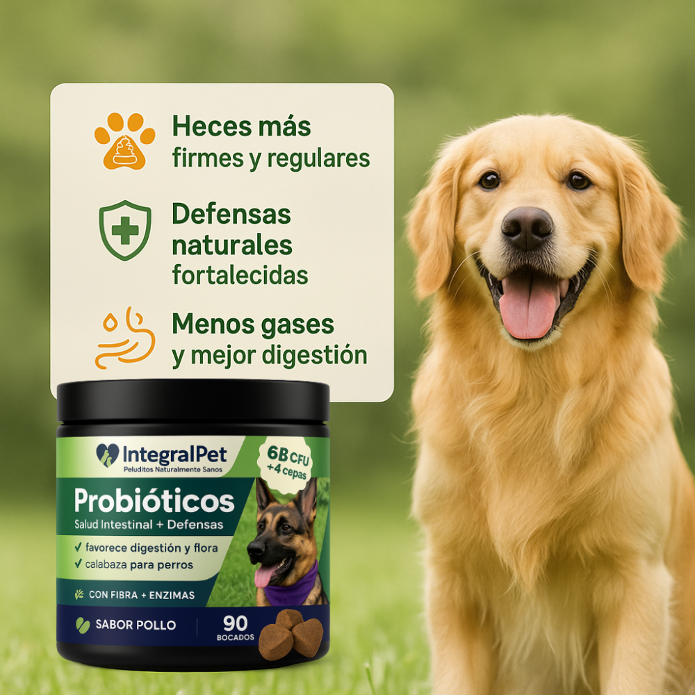 IntegralPet Probióticos – Heces firmes, menos gases y defensas fuertes.